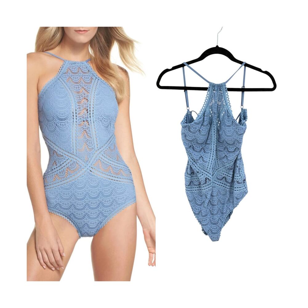 Becca Rebecca Virtue Crochet Lace High Neck One Piece Swimsuit Blue S NWOT